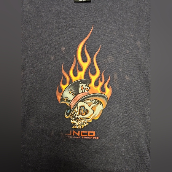 Vintage 90s Y2K Jnco Jeans Rare Flaming Ace Skull Head Navy Blue T-shirt XXL - Picture 4 of 9